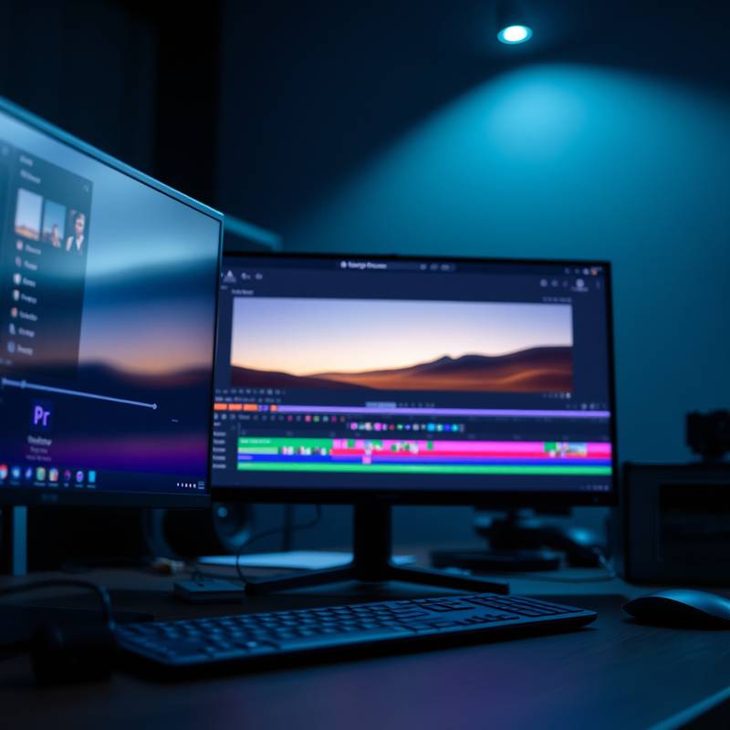 Desktop mit Adobe Premiere Pro Projekt und Schnittsequenz
