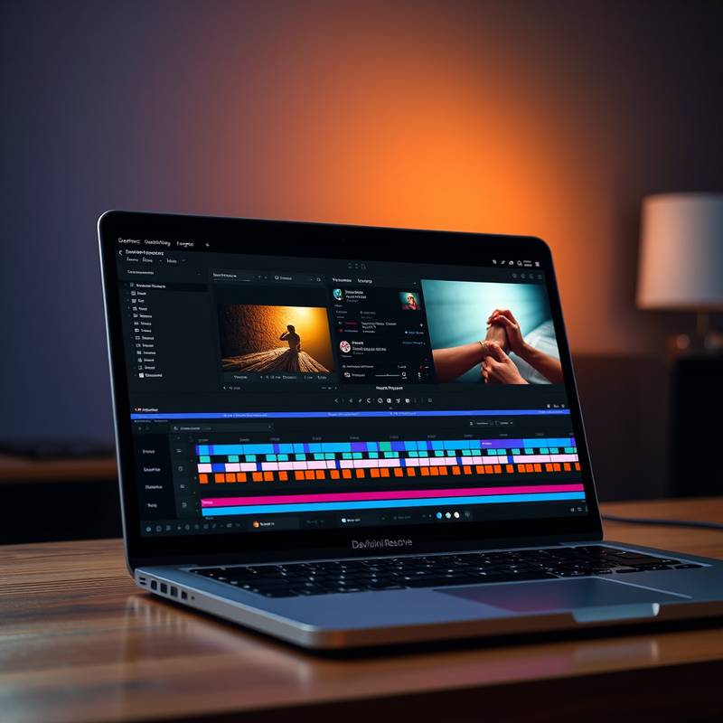 Laptop mit DaVinci Resolve Software und Farbkorrektur-Interface