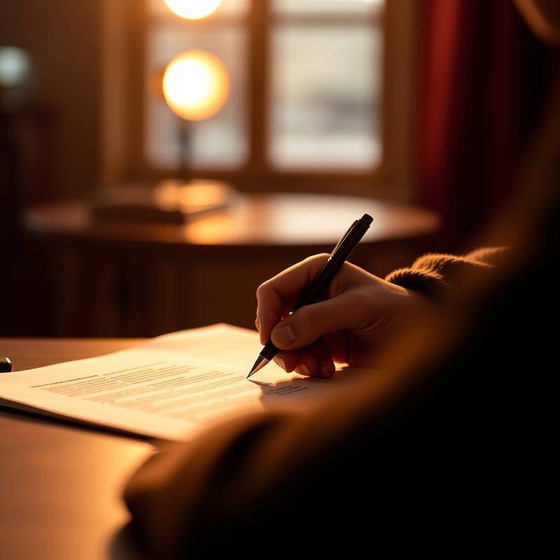 Person schreibt an einem Drehbuch mit Stift und Papier