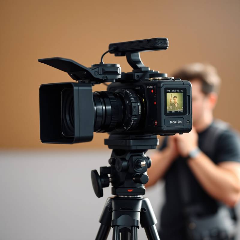 Professionelle Filmkamera auf einem Stativ mit Kameramann im Hintergrund