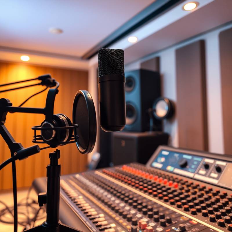 Tonstudio mit Mikrofon, Mischpult und Kopfhörern
